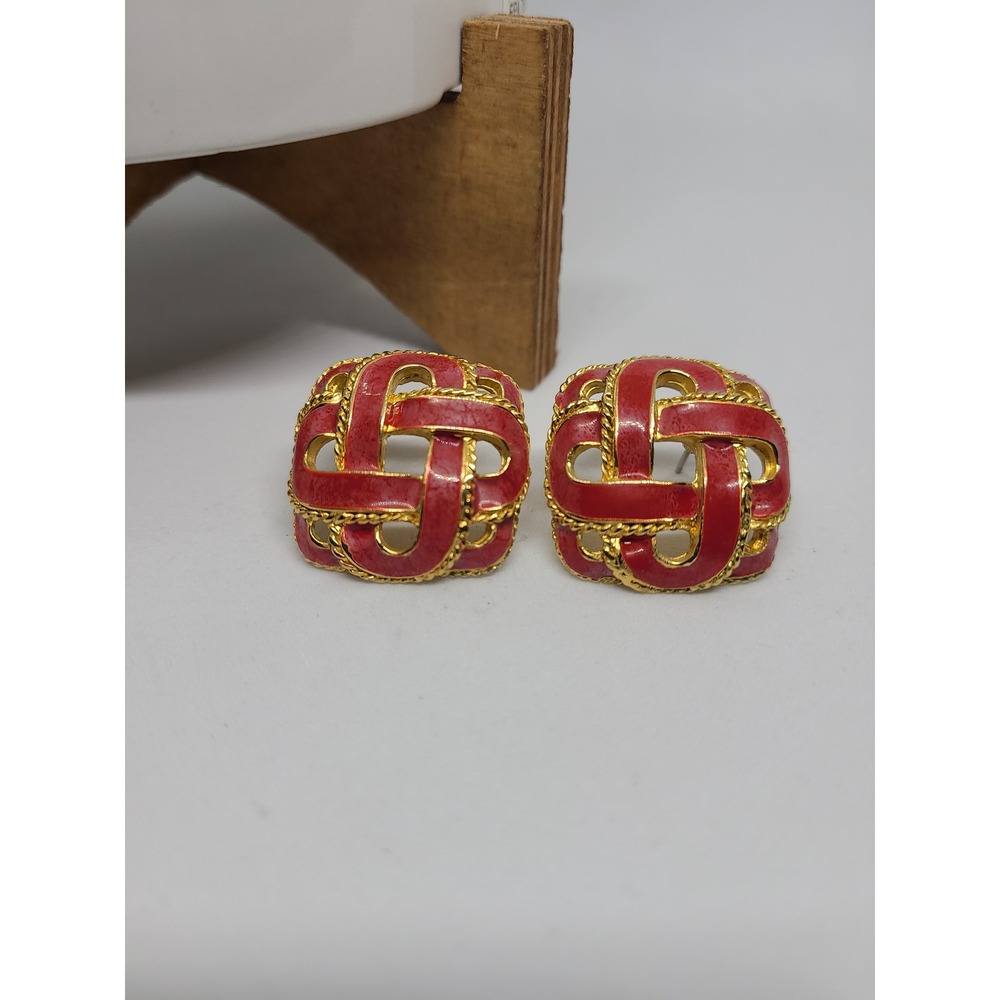 Red & Gold‎ Tone Earrings Square Woven Design Studs Ladies Pre-Owned